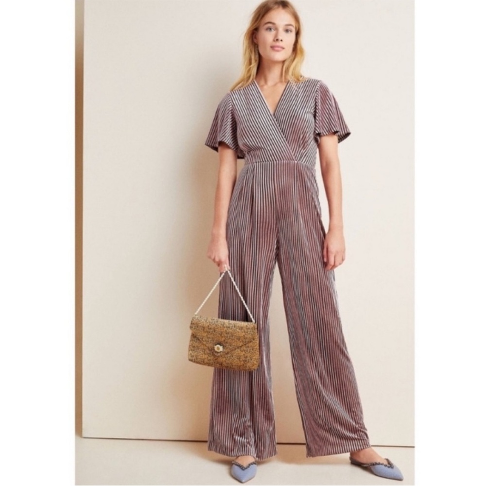 Anthropologie Hutch Paulina Velvet Wide Leg Jumpsuit Pink Black Flutter Sleeve